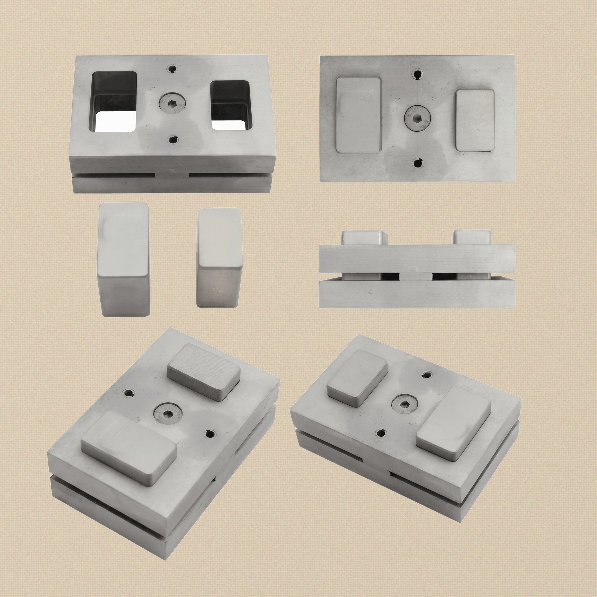 Hardened steel disc cutter set with two rounded rectangle punches shown in the die block.