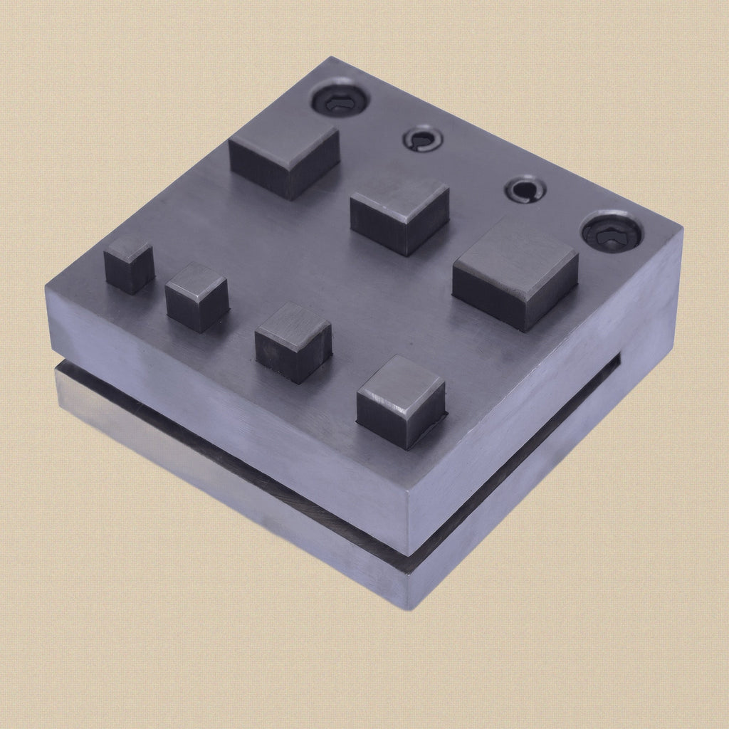 Square steel disc cutter set with seven punches arranged on a white background.