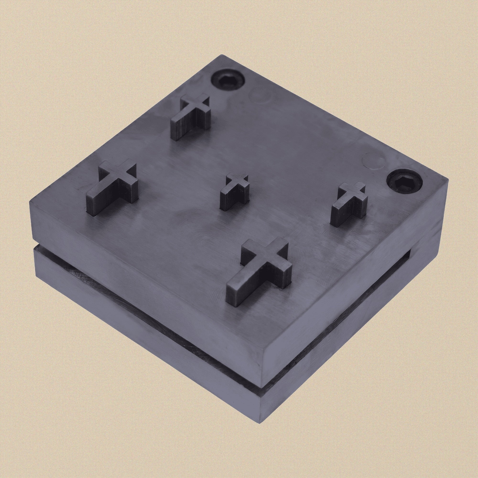 Hardened steel disc cutter set for Christian Cross shapes, showing the die block and five punches.