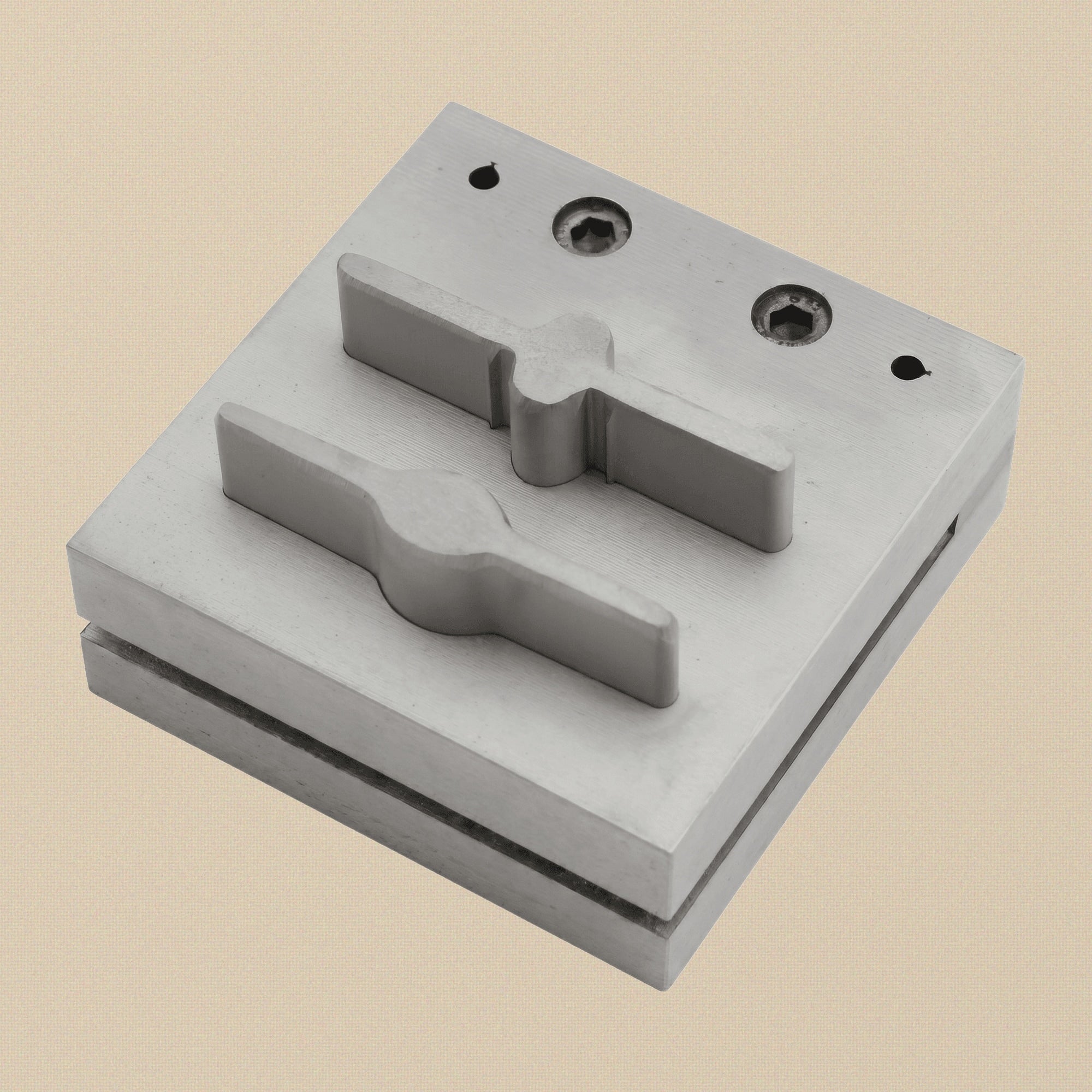 Close-up of the hardened steel die block showing the two cutting slots for the bar and paddle shapes.