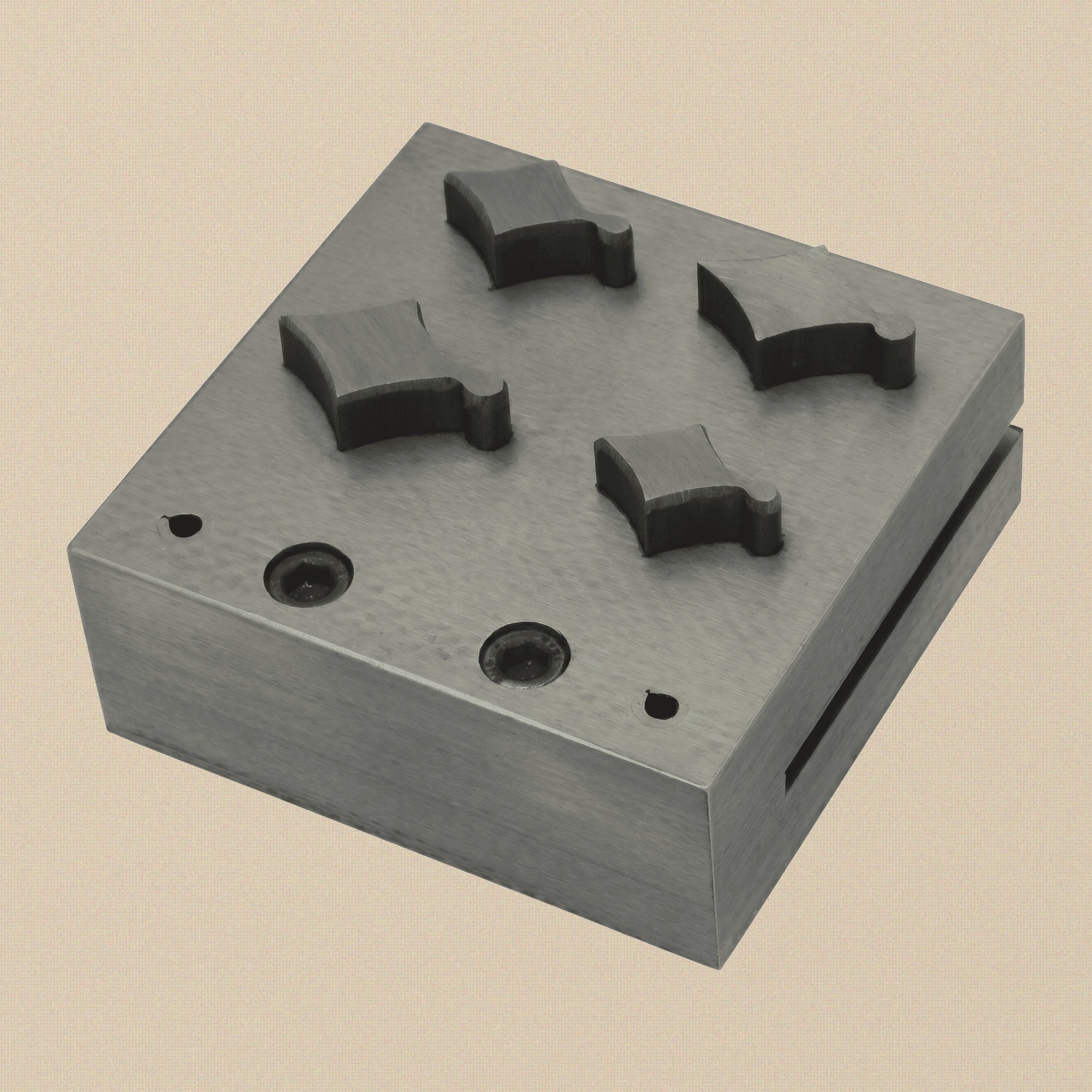 Close-up of the four kite-shaped cutting holes in the hardened steel die block.