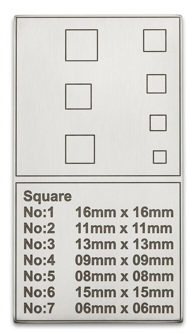 The seven hardened steel punches for the square disc cutter set, showing cutting and striking ends.