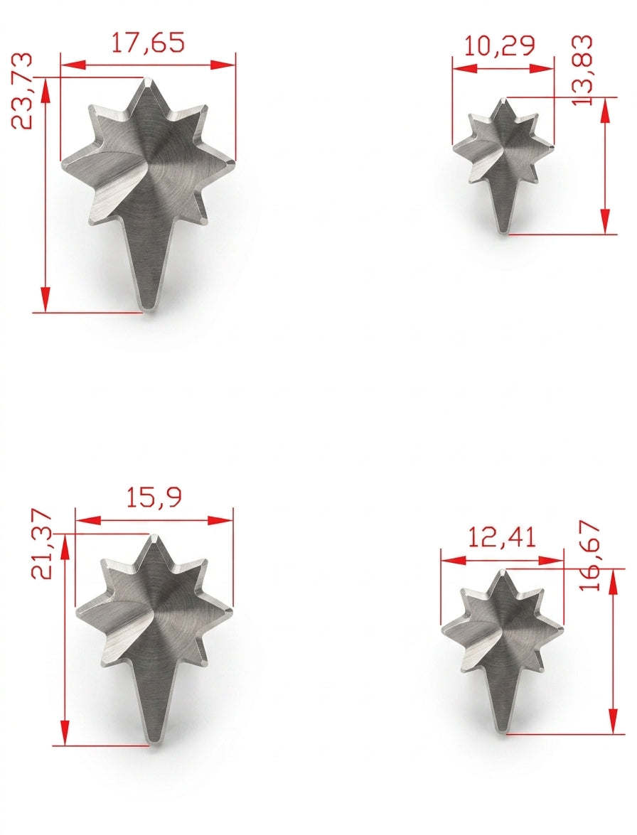 A diagram showing the dimensions of the four sparkle star punch shapes in millimetres.