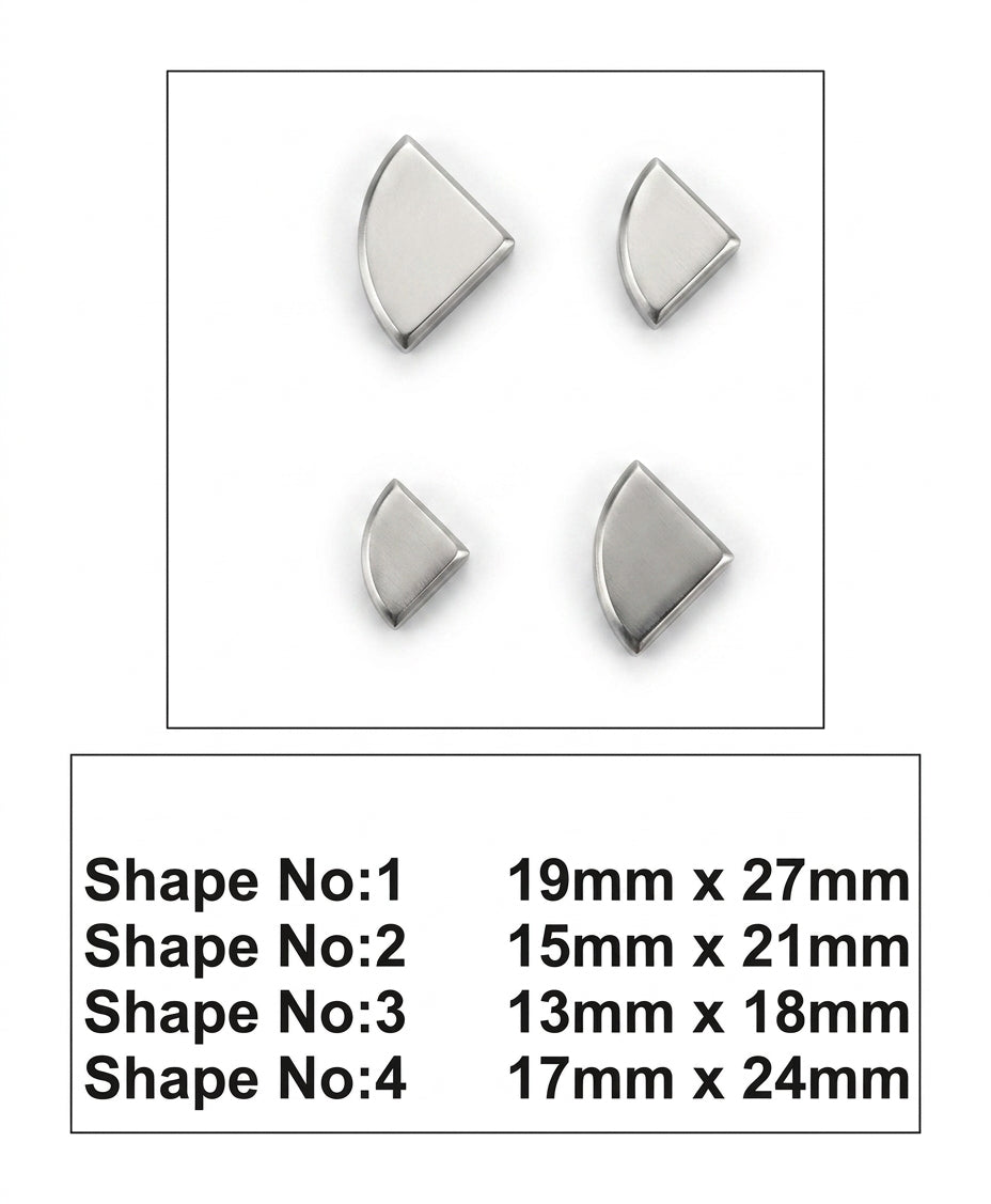 A diagram showing the dimensions of the four quarter circle shapes: 19x27mm, 17x24mm, 15x21mm, 13x18mm.