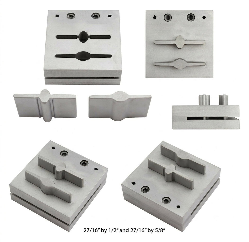 The disc cutter set in use, with a piece of copper sheet positioned in the die block.