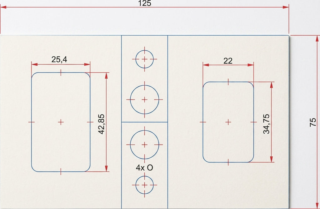 Diagram showing the precise dimensions of the two rounded rectangle punches: 22x34.75mm and 25.4x42.85mm.