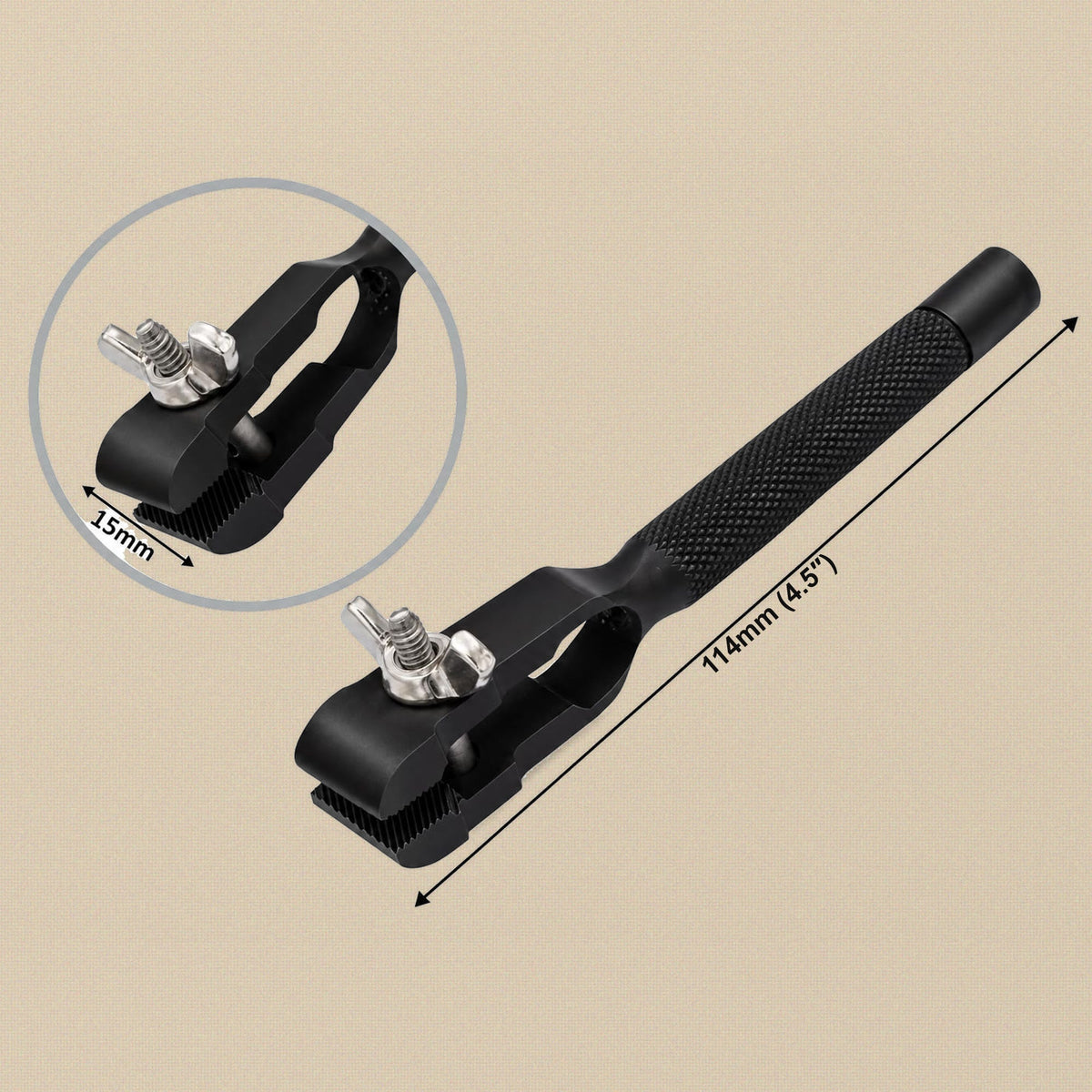 Hand vice dimensions: 15 mm wide jaws and 114 mm (4.5 inch) overall length
