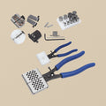 Link forming pliers set with steel pegs, spare plates and hex keys