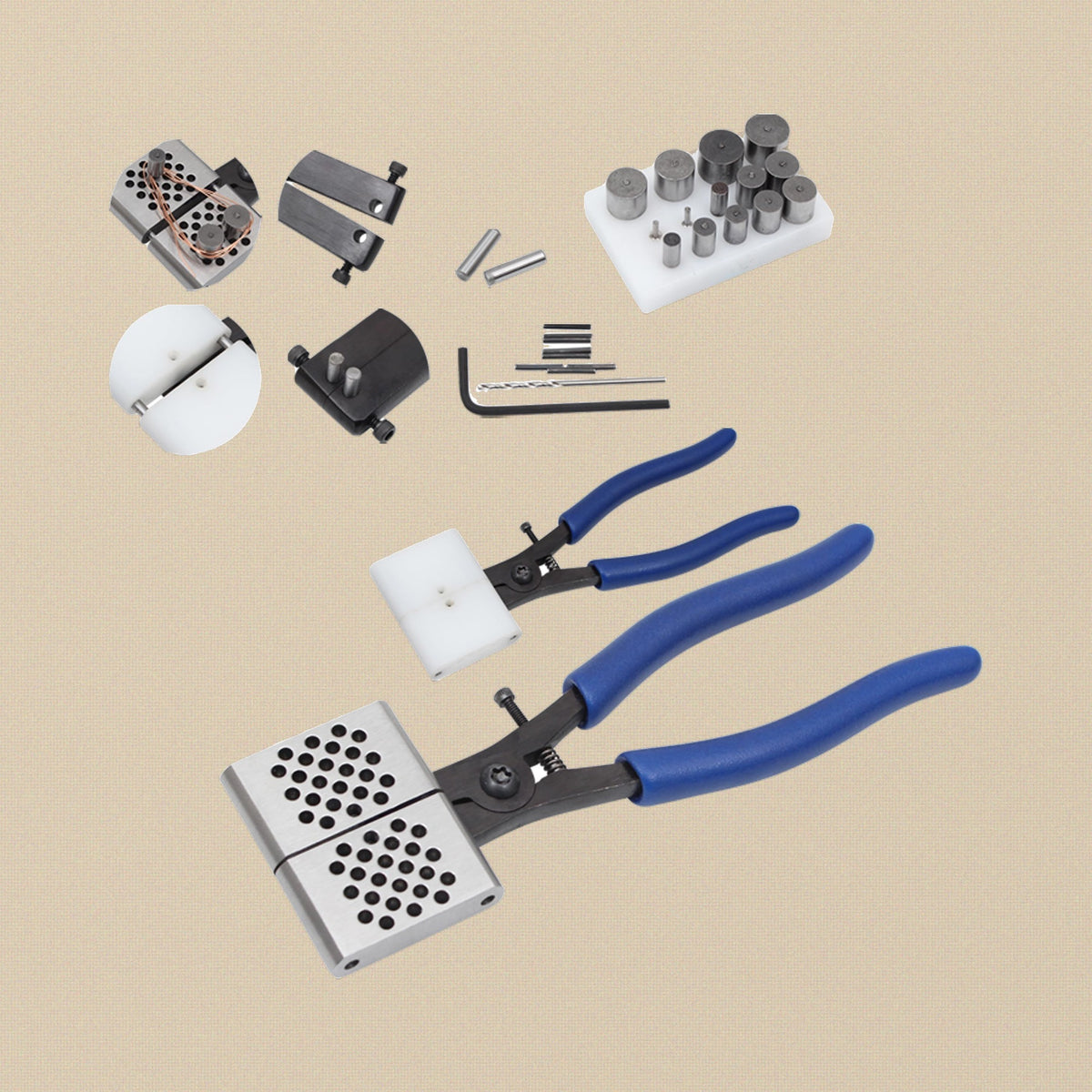 Link forming pliers set with steel pegs, spare plates and hex keys