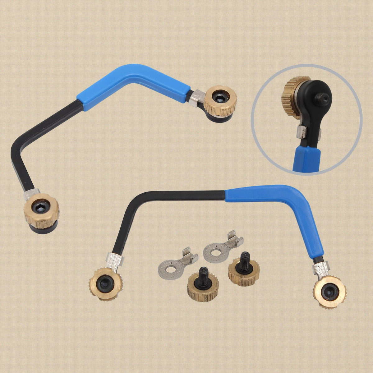Miniature blue saw frame, fittings and thumb nuts laid out