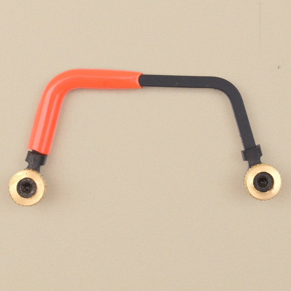 Miniature orange saw frame, fittings and thumb nuts laid out
