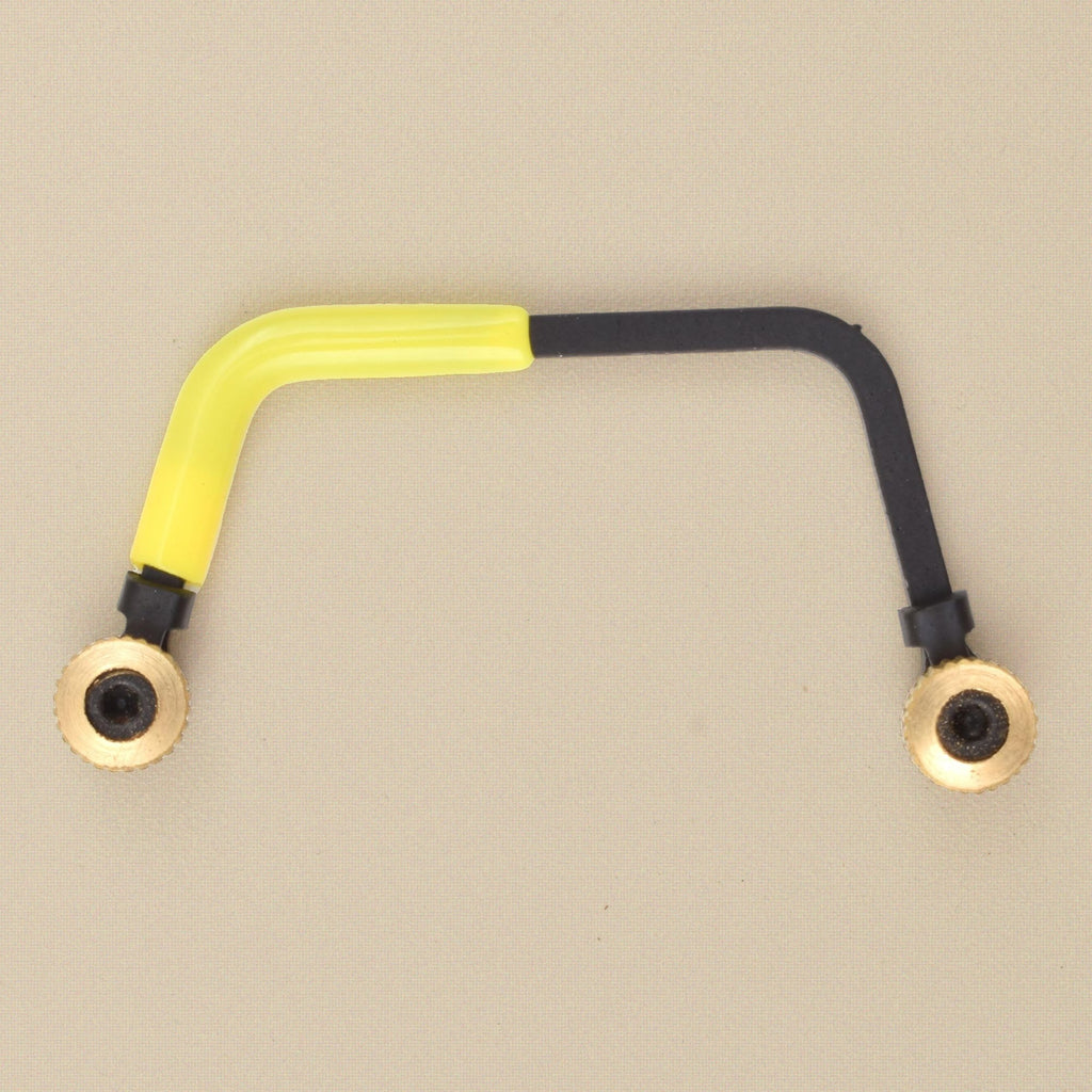 Miniature yellow saw frame, fittings and thumb nuts laid out