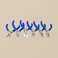 Six blue-handled jewellery pliers from the kit: round, chain, flat, nylon jaw, bent nose and side cutter