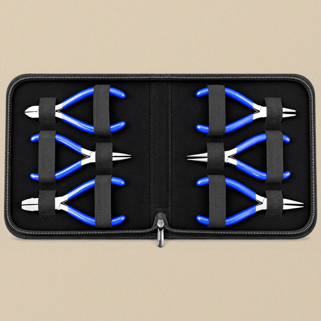 The six pliers held by elastic straps inside the open grey zip case