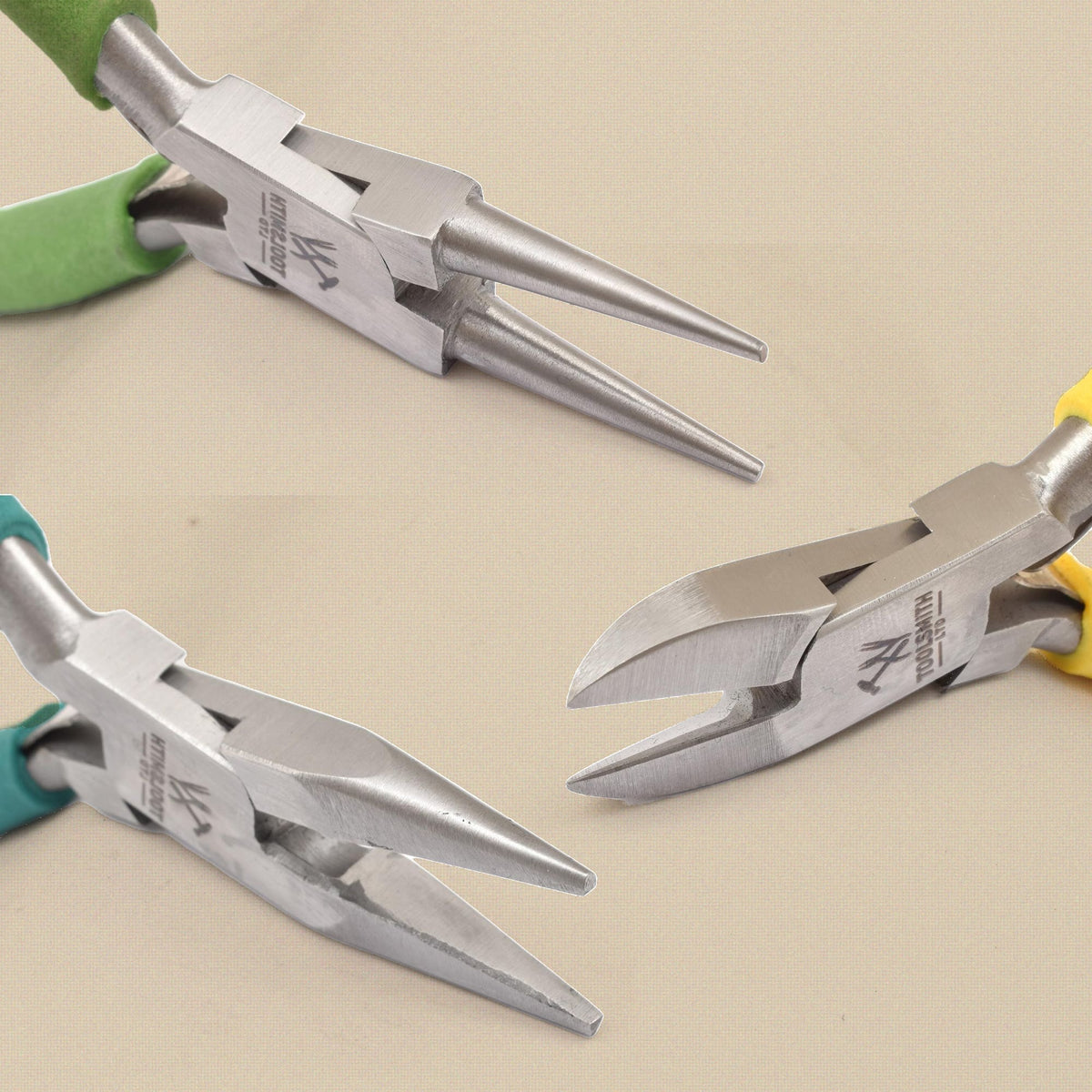 Chain nose, round nose and side cutter jaws in close-up