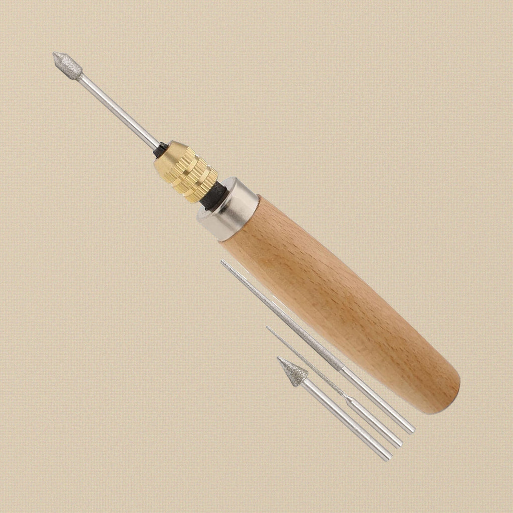 Bead reamer set with wooden handle, brass collet and four diamond-coated tips