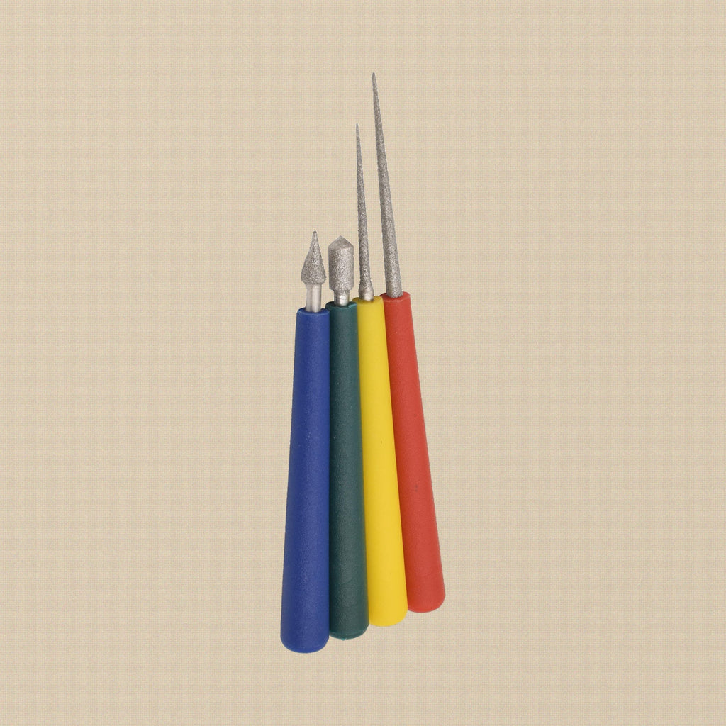 Four diamond-coated bead reamers with blue, red, yellow and green handles