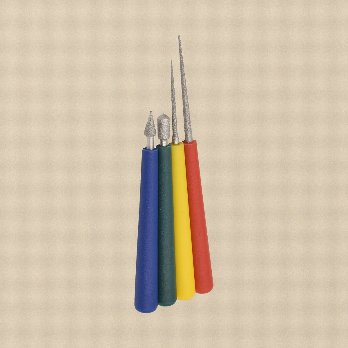 Four diamond-coated bead reamers with blue, red, yellow and green handles