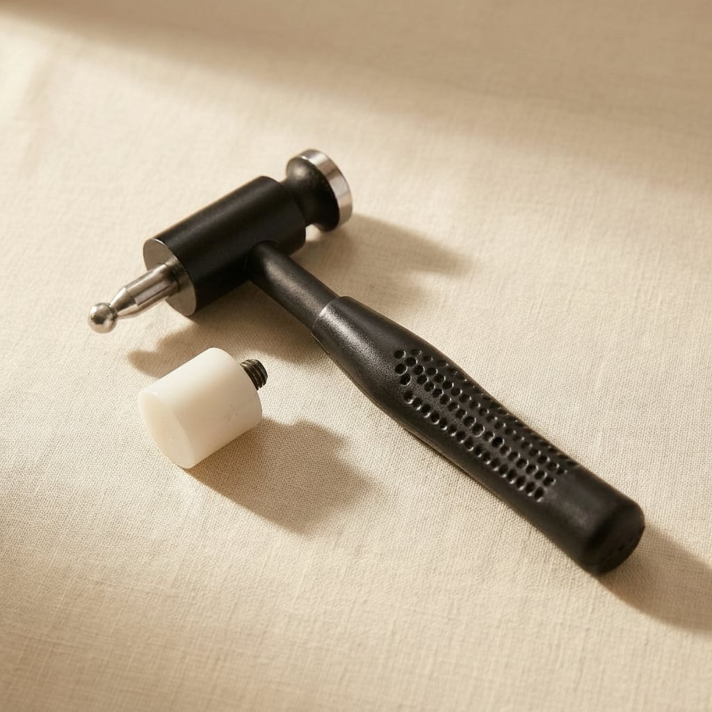 Dual head dapping hammer with interchangeable steel and nylon tips for jewellery forming