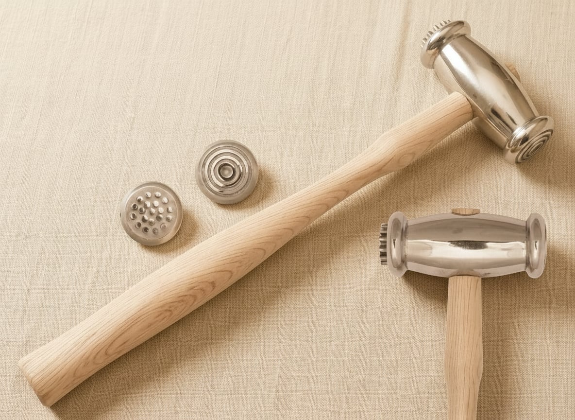 Dual-sided texturing hammer for jewellery making, featuring wide circles and dots on a wooden handle.