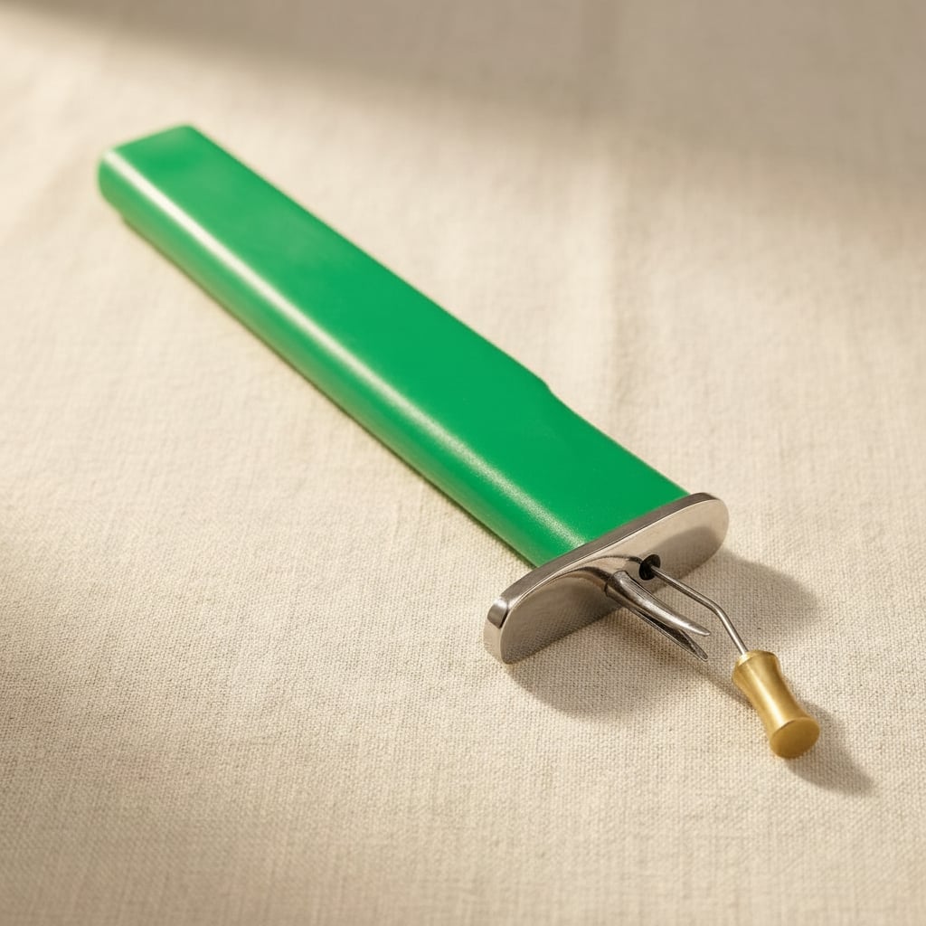 Green beading knotting tool for consistent jewellery knots, with anodised finish