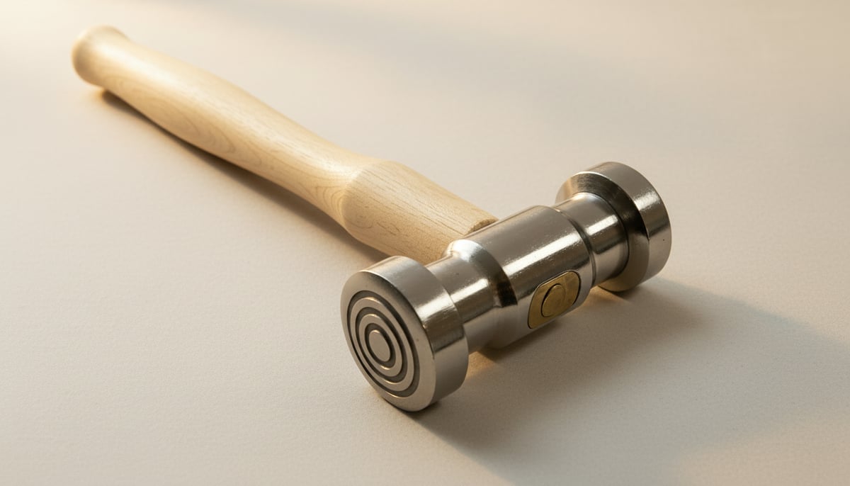 Jewellery texturing hammer with round bullseye head, steel construction, for metal forming.