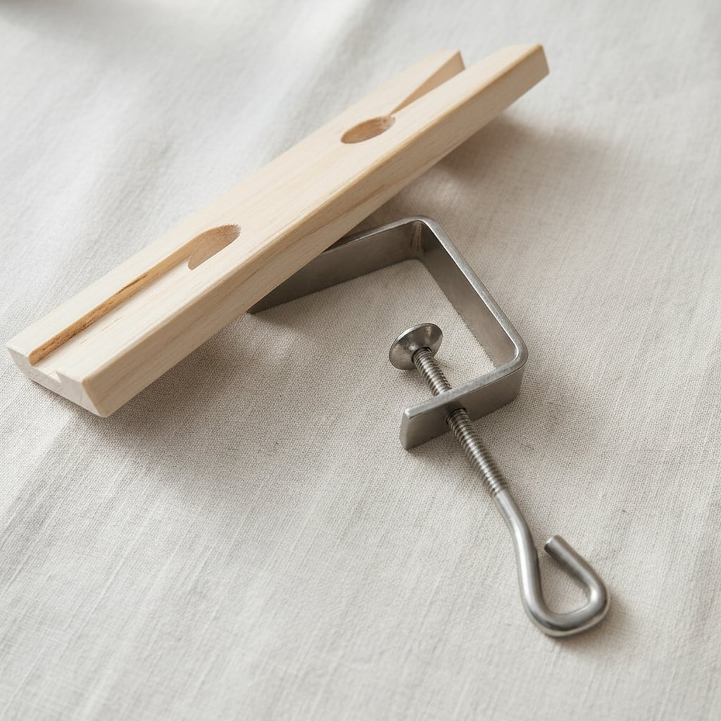 Hardwood jeweller's bench pin with integral metal clamp for workbench use