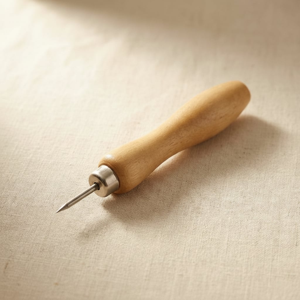 Steel watch band pin pusher with wooden handle, sharp point for watch repair.