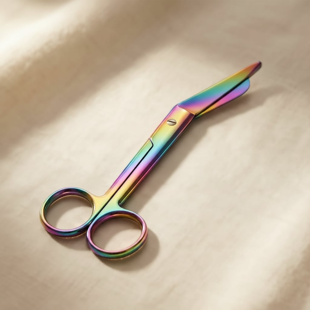 Rainbow anodised stainless steel bandage scissors, 7.5 inch, with Tensionrite clip for precise cutting.