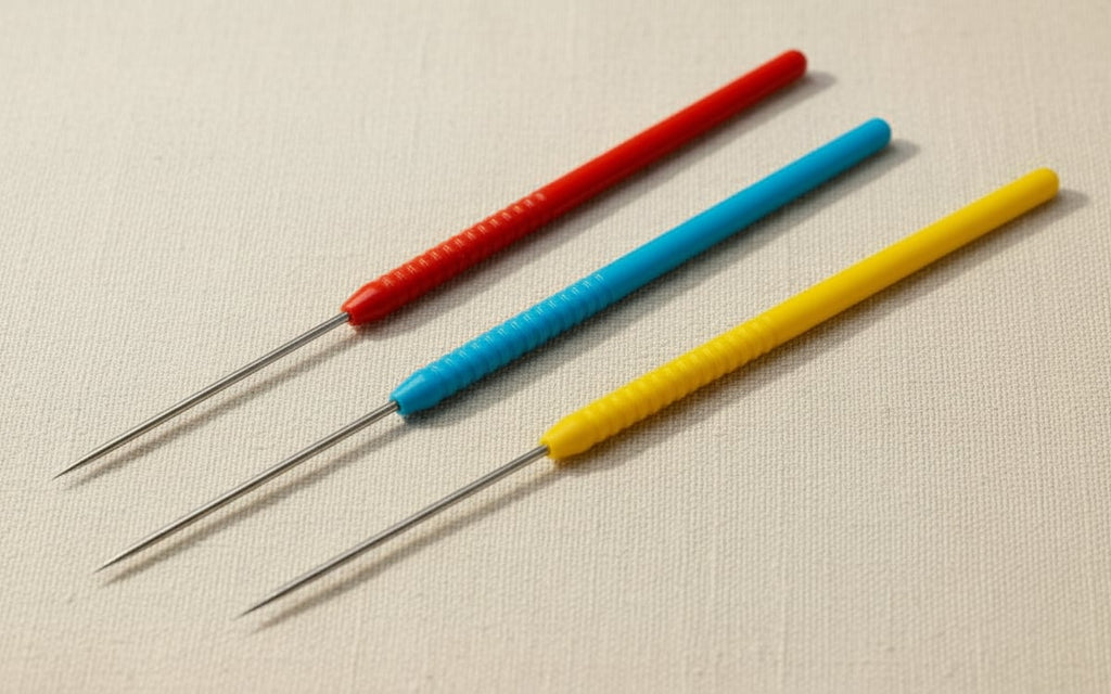 3-piece set of titanium tip soldering picks for jewellery making, non-stick, in red, blue and yellow.