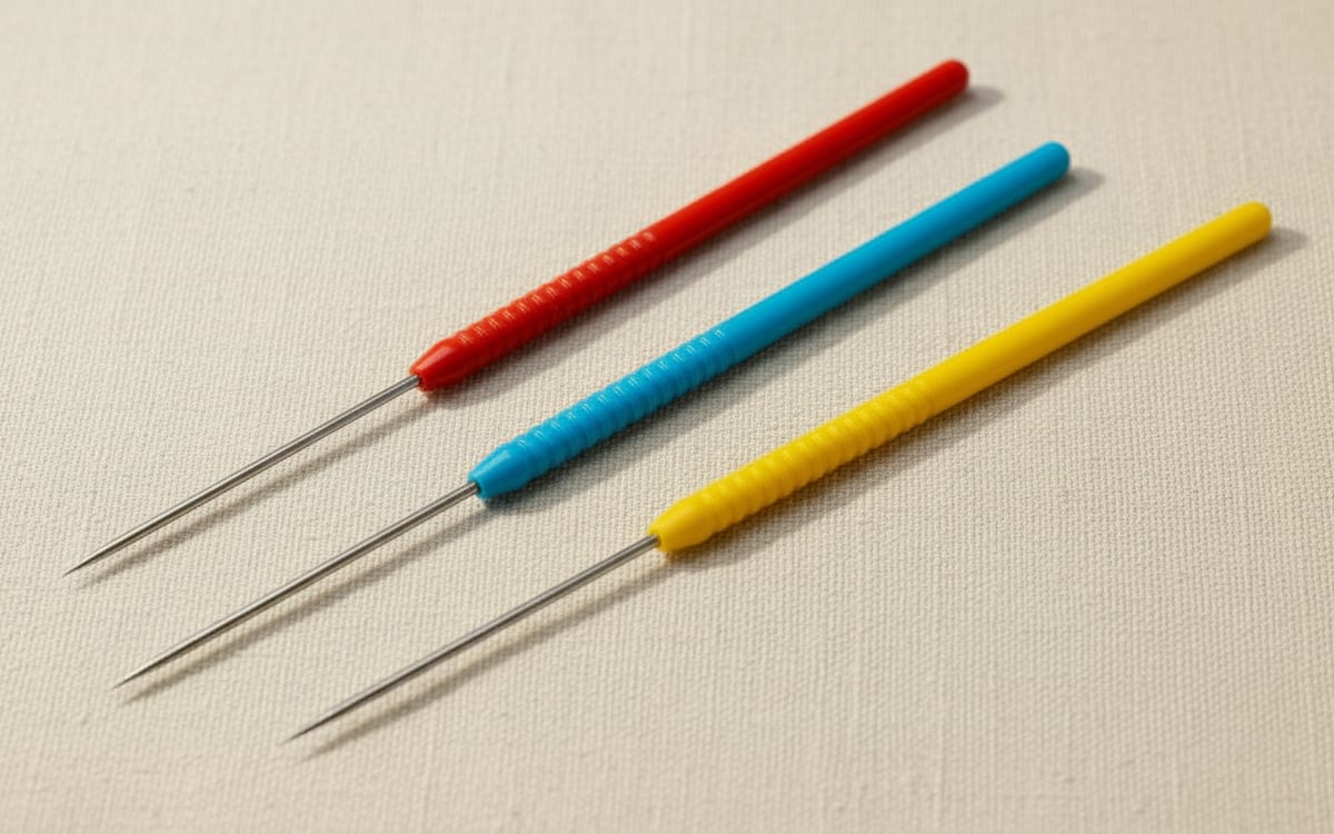 3-piece set of titanium tip soldering picks for jewellery making, non-stick, in red, blue and yellow.
