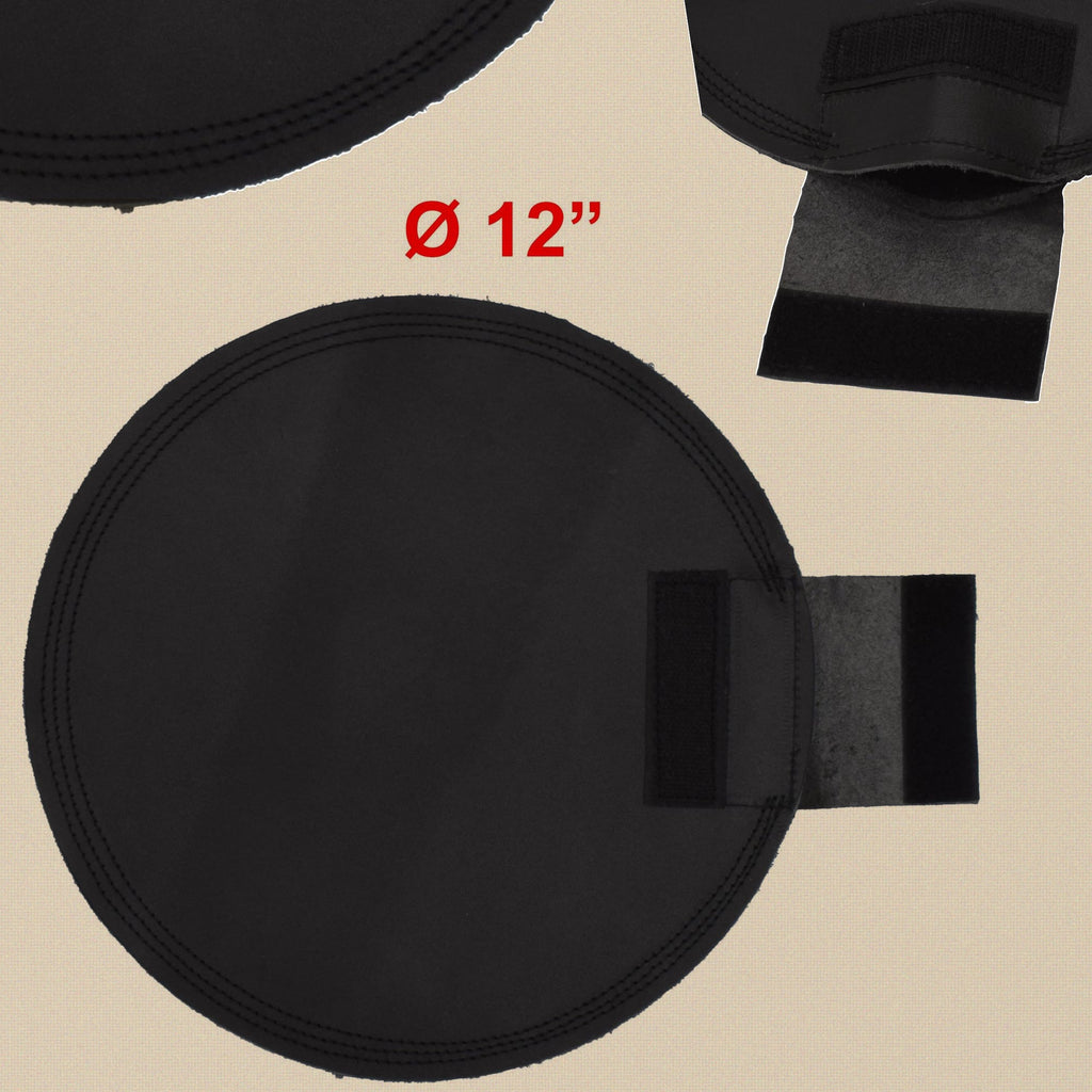 Leather sand bag, 12 inch round, with the size marked and the filler flap of a second bag