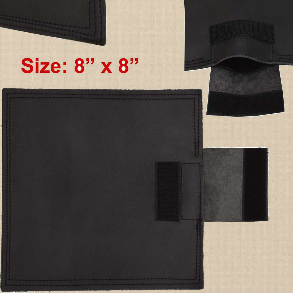 Leather sand bag, 8 x 8 inch square, with the size marked and the filler flap of a second bag