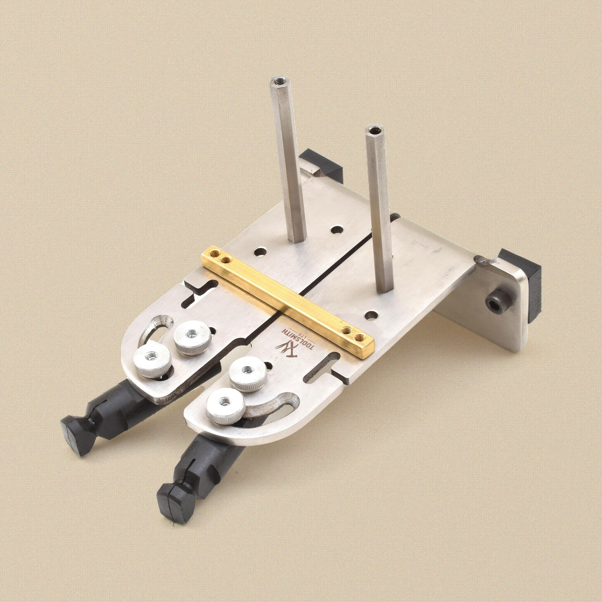 Stainless steel bench pin sawing plate with brass guide fence and peg clamp