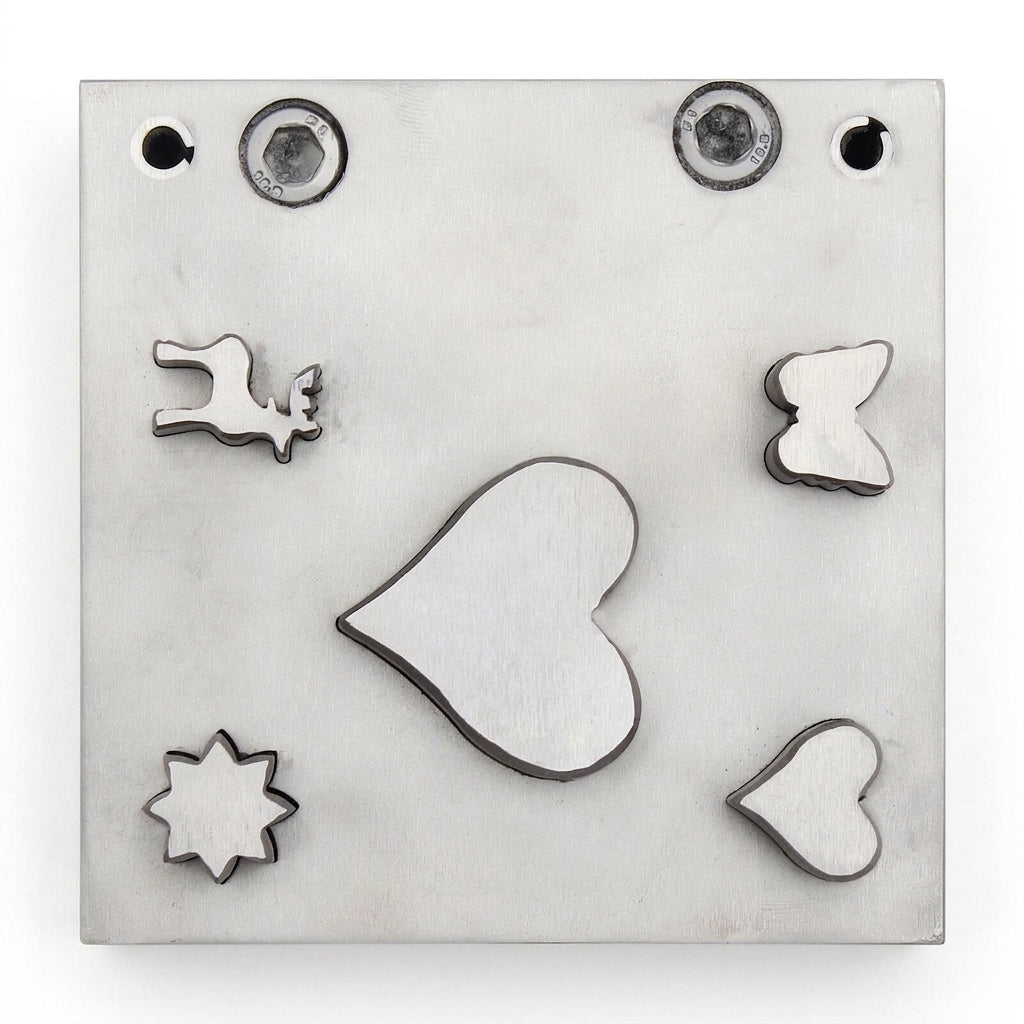 Close-up of the steel disc cutter set's shaped punch openings for jewellery blanks.