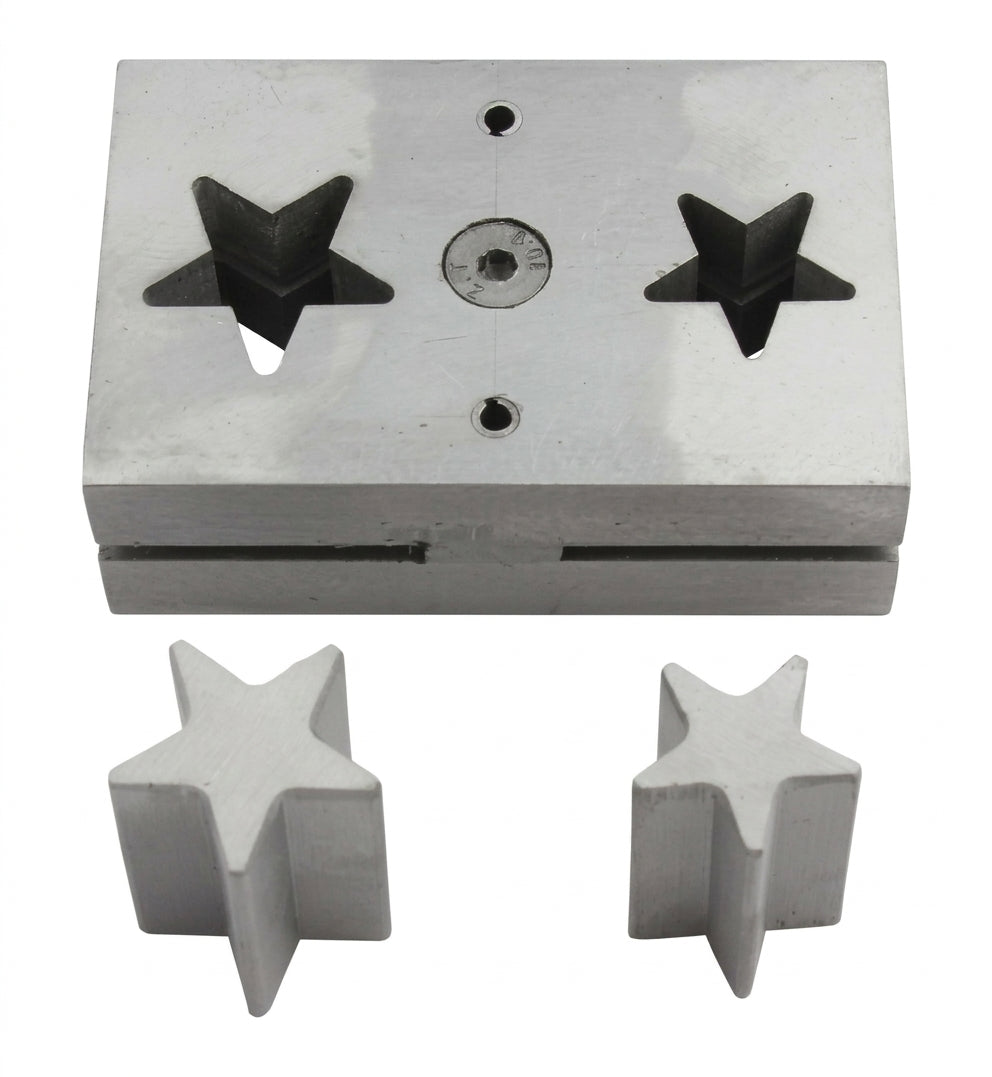 Close-up of the star-shaped steel disc cutter die with mm markings for precise metal sheet shaping