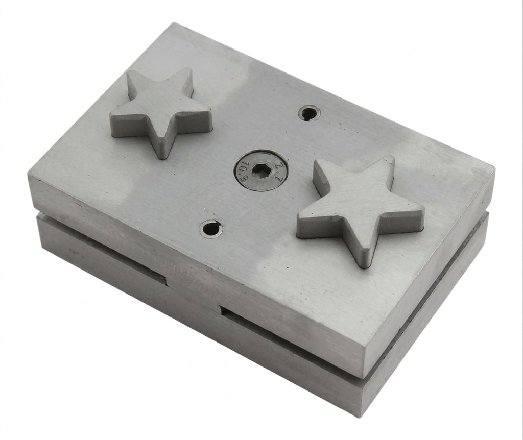 Close-up of the star-shaped punch die of the steel disc cutter, showing its clean edges