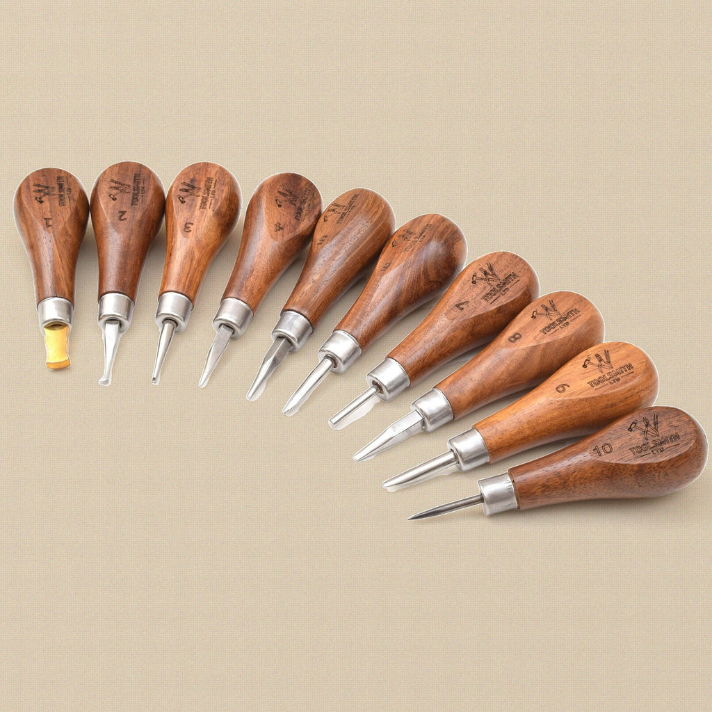 Stone setting tool set fanned out to show the steel tips