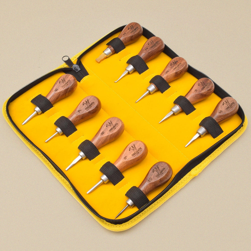 Stone setting tools in the open yellow zip case