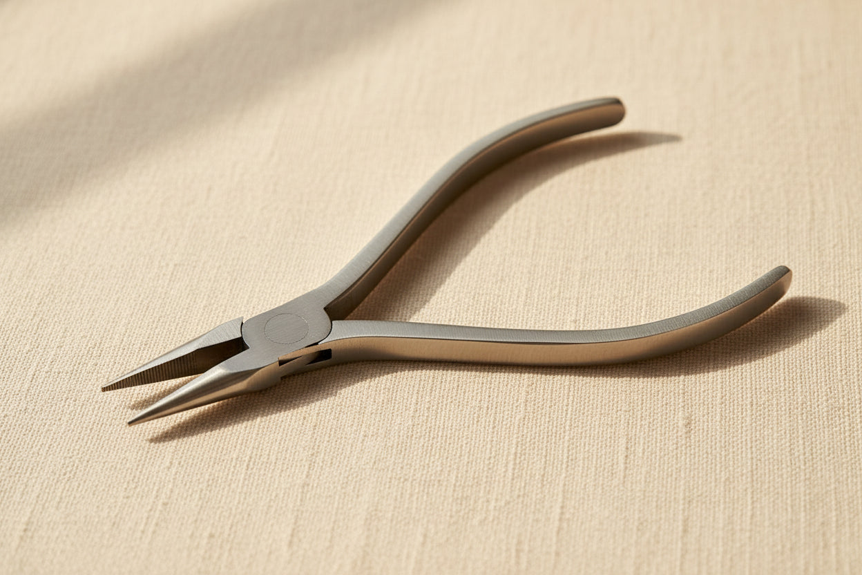 Stainless steel slim line chain nose pliers, 120mm, with square handles for jewellery making.