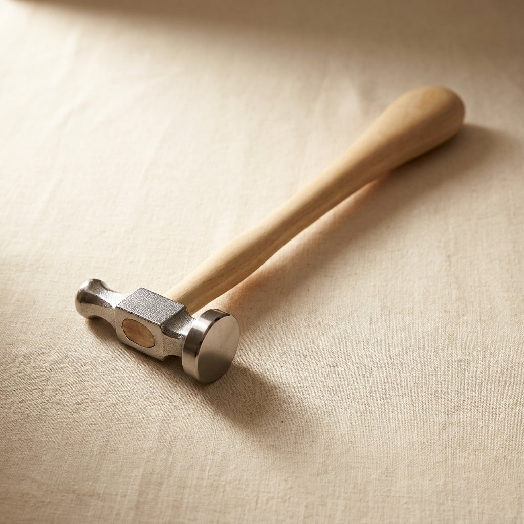 Close-up of the 22mm flat face of the silversmith's chasing hammer, showing its polished metal head and wooden handle.