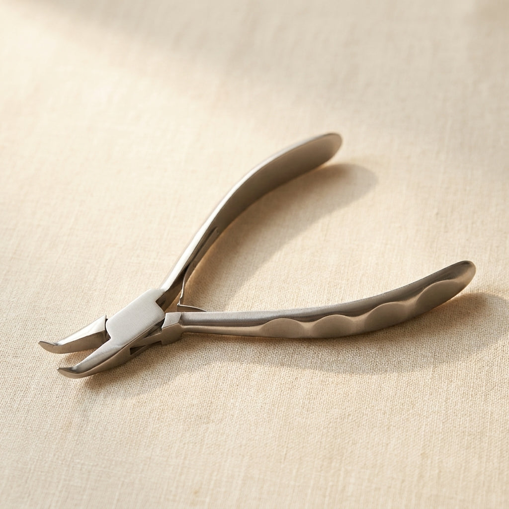 Close-up of polished stainless steel bent chain nose plier jaws for precise wire bending