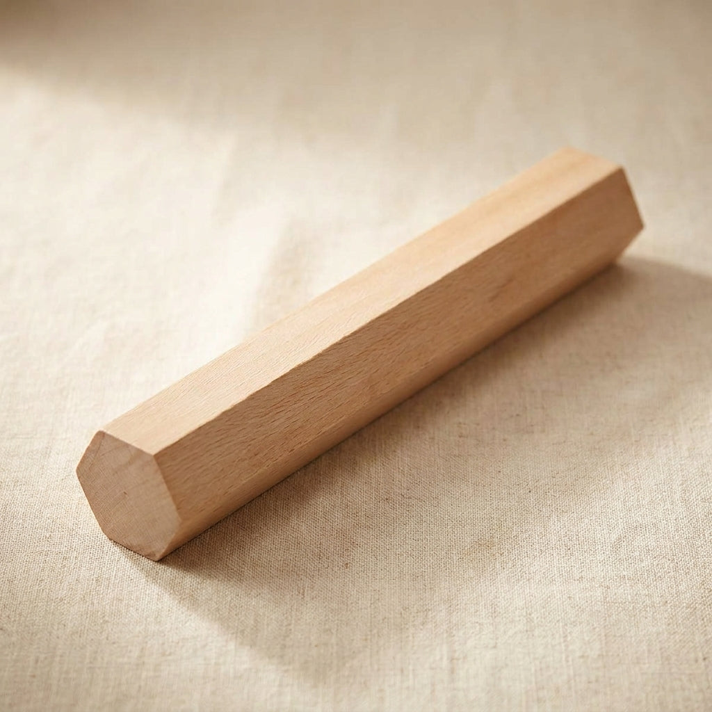 Close-up of the hexagonal wooden bracelet shaping mandrel, showing its smooth finish and parallel sides.