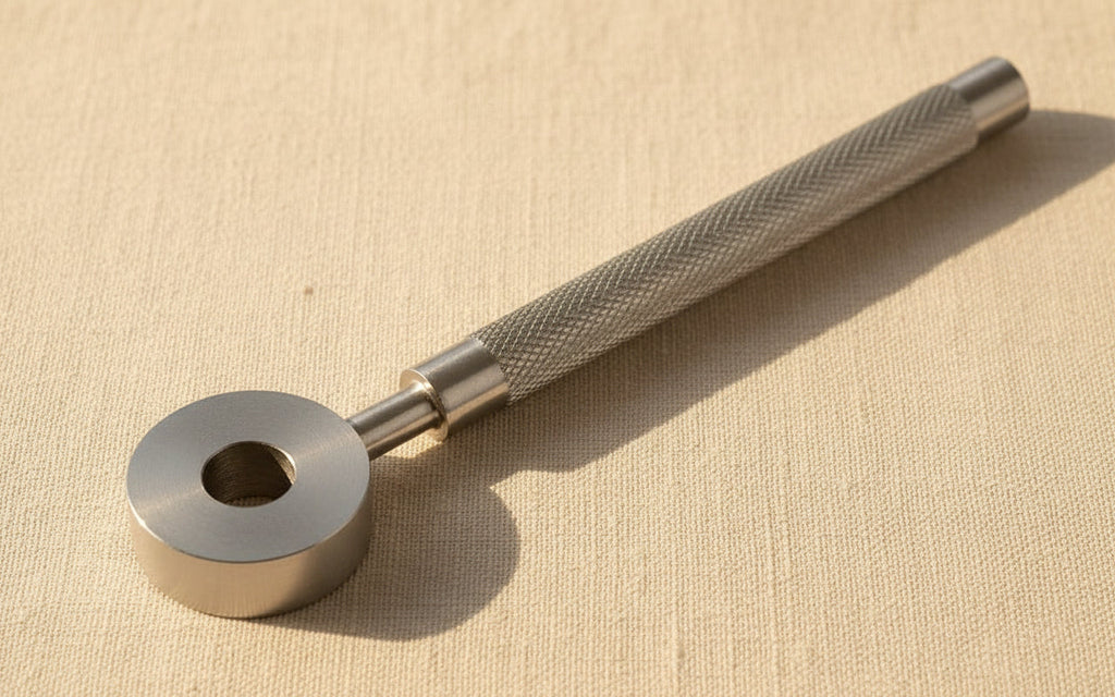 Close-up of the stainless steel stamp holder's finger guard and ergonomic grip