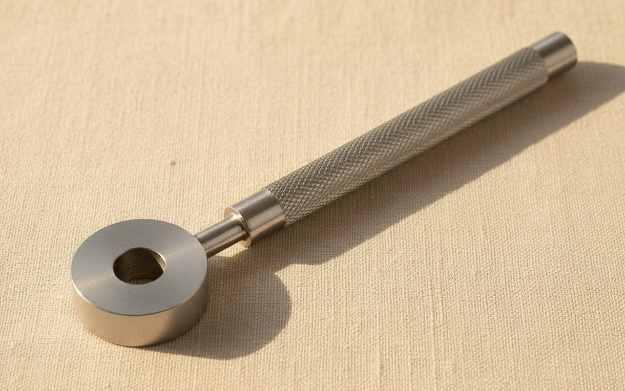 Close-up of the stainless steel stamp holder's finger guard and ergonomic grip