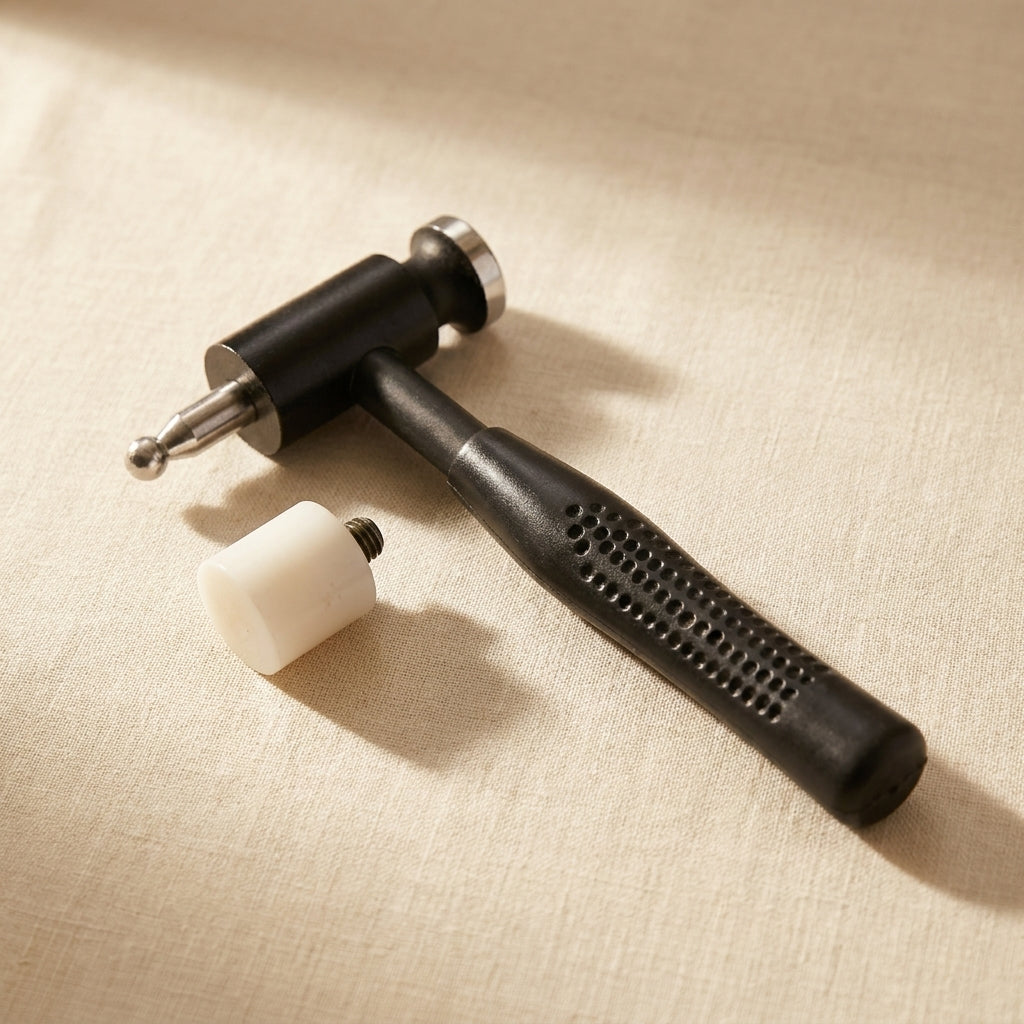 Close-up of the dual-head dapping hammer, showing interchangeable steel and nylon tips.