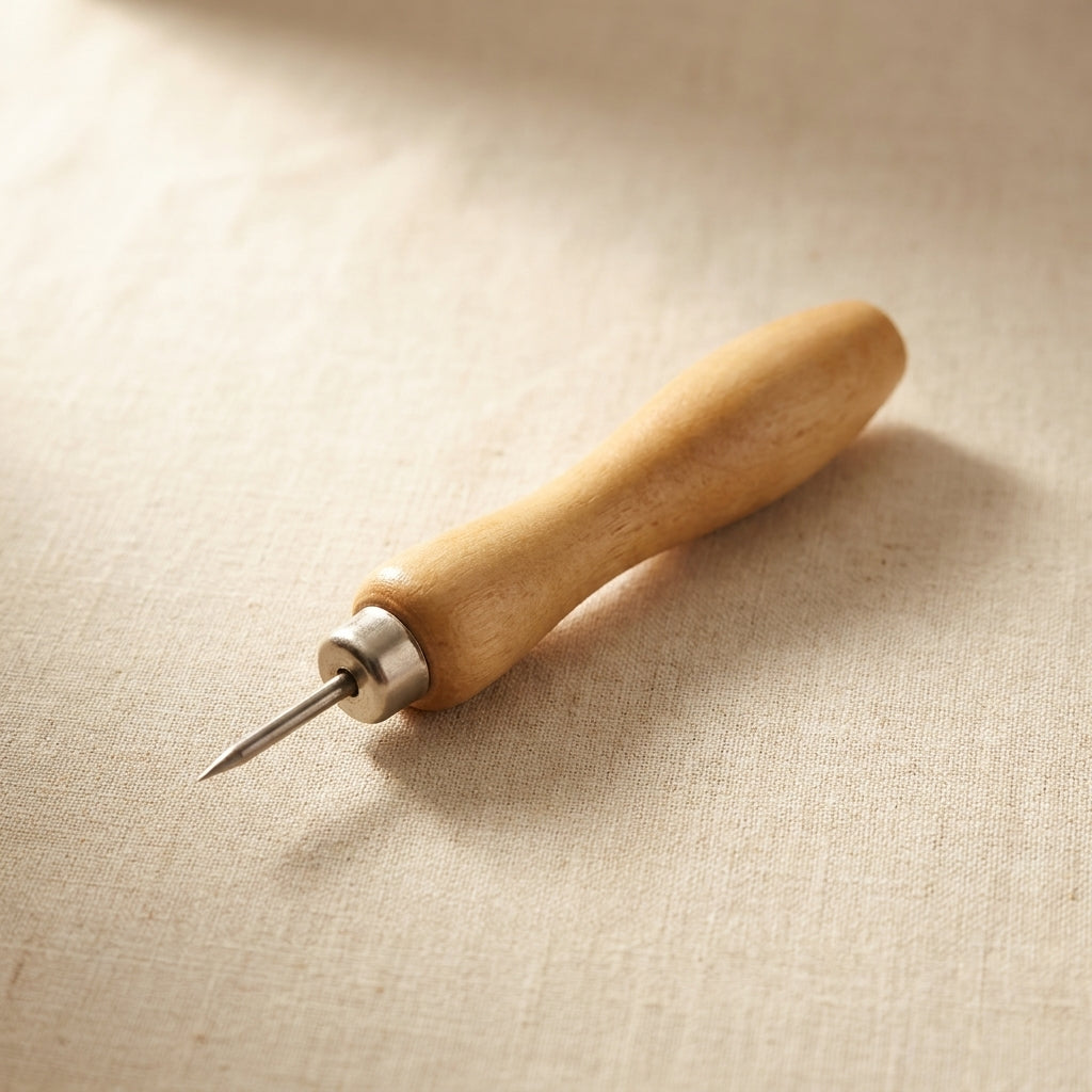 Close-up of the sharp steel scribe tip on the watch band pin pusher tool.