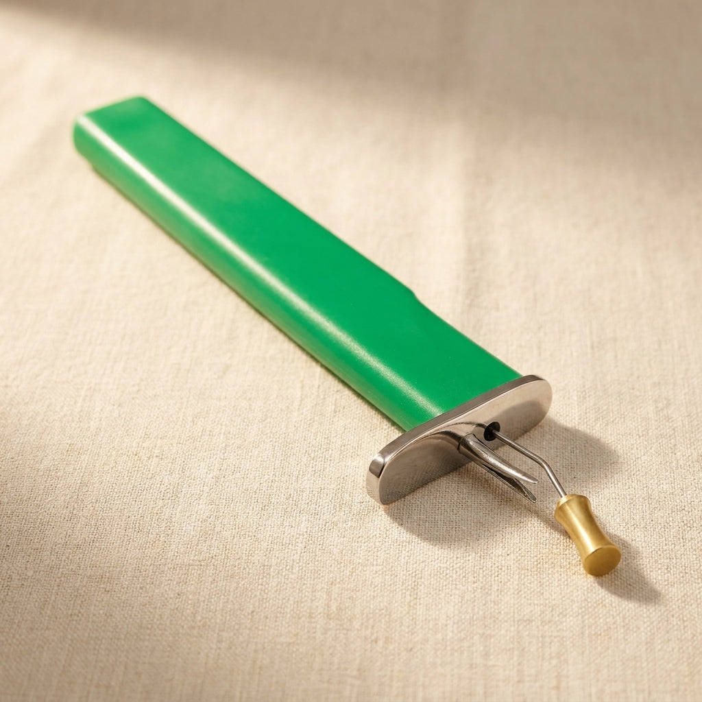 Close-up of the green beading knotting tool's precision tip for making neat jewellery knots.