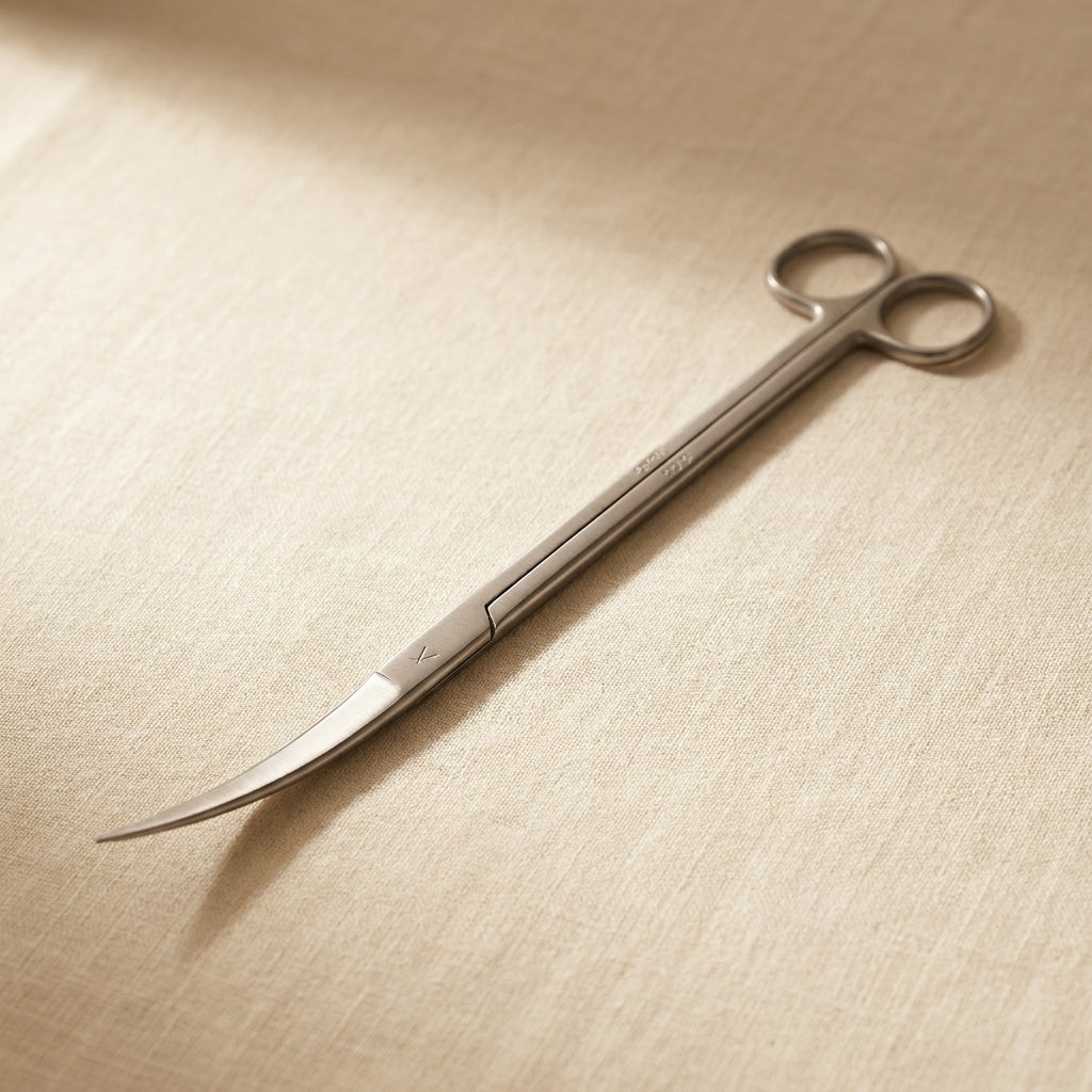 Close-up of the sharp stainless steel blades of the curved aquarium plant trimming scissors