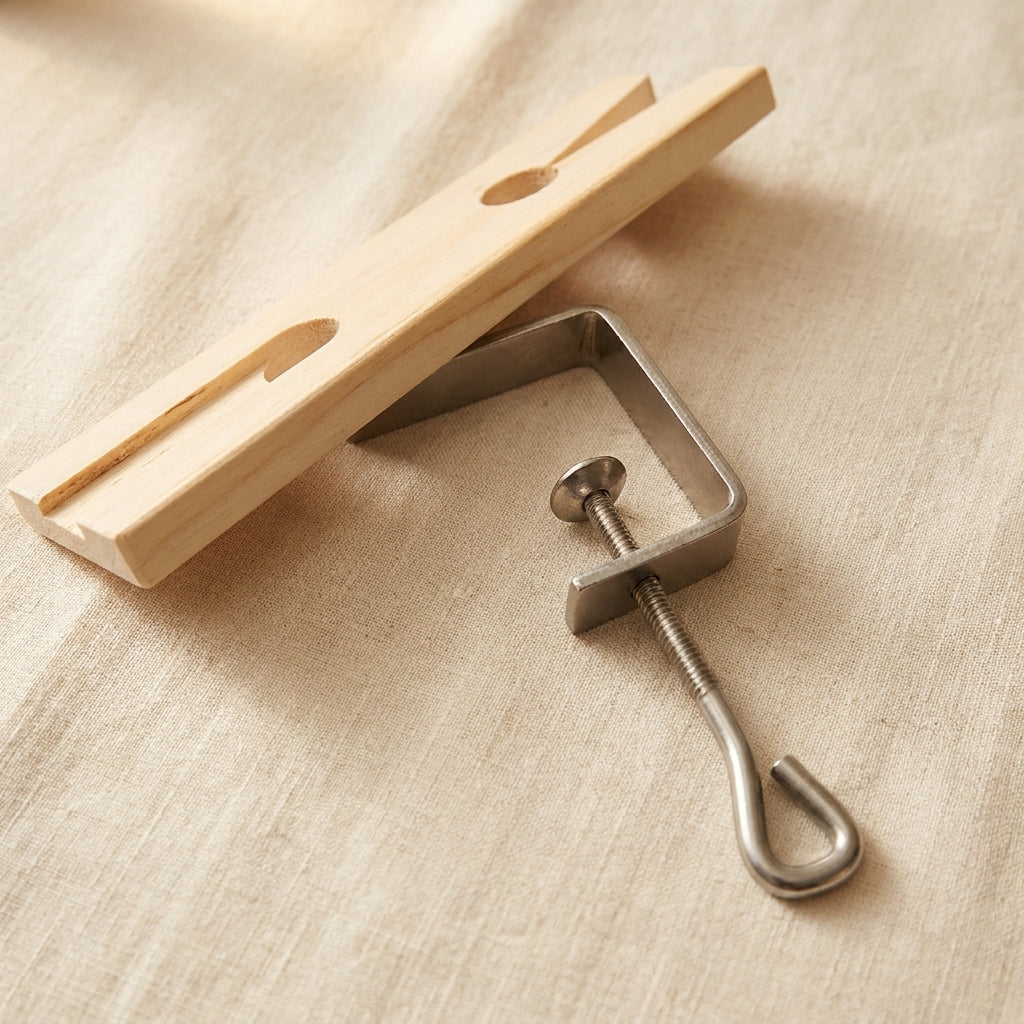 Close-up of the metal clamp securing the hardwood jeweller's bench pin to a workbench